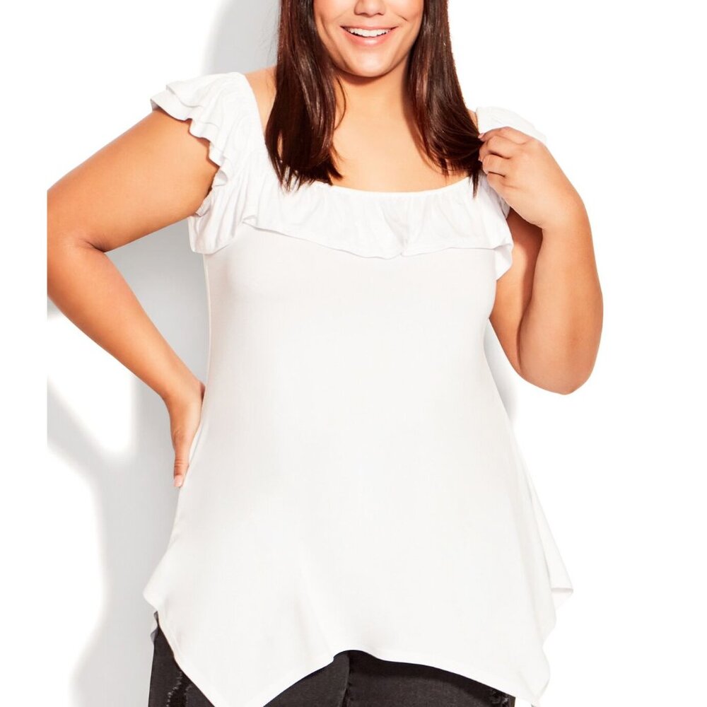 Avenue White Serena Top Knit Ruffled neck and shoulder NWT